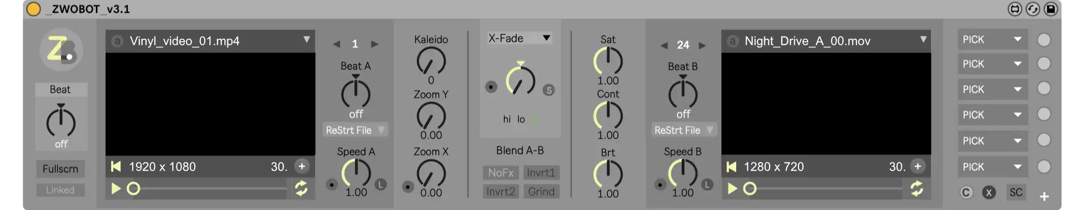 Zwobot videoplayer with 2 independent decks  (A&B) for playing video in Ableton Live